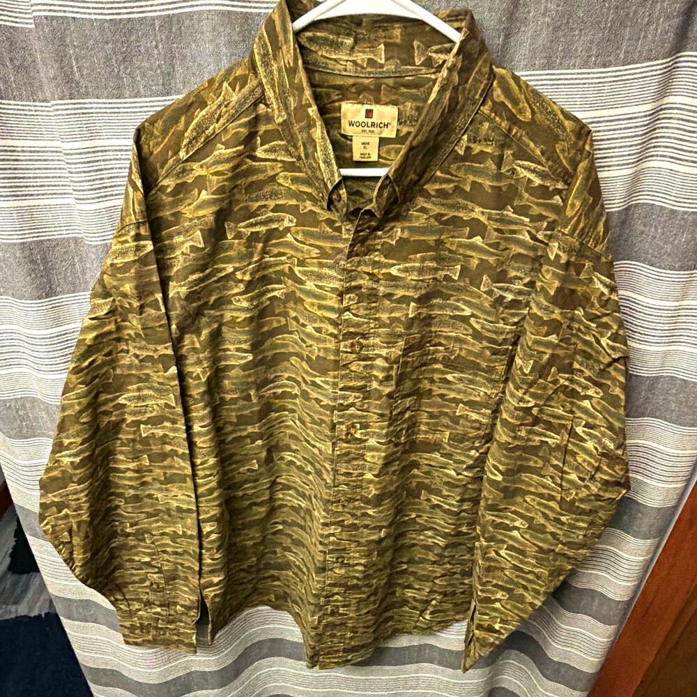 Woolrich Men’s XL Fish Print Shirt Brown Mocha Long Sleeve Fishing Outdoor